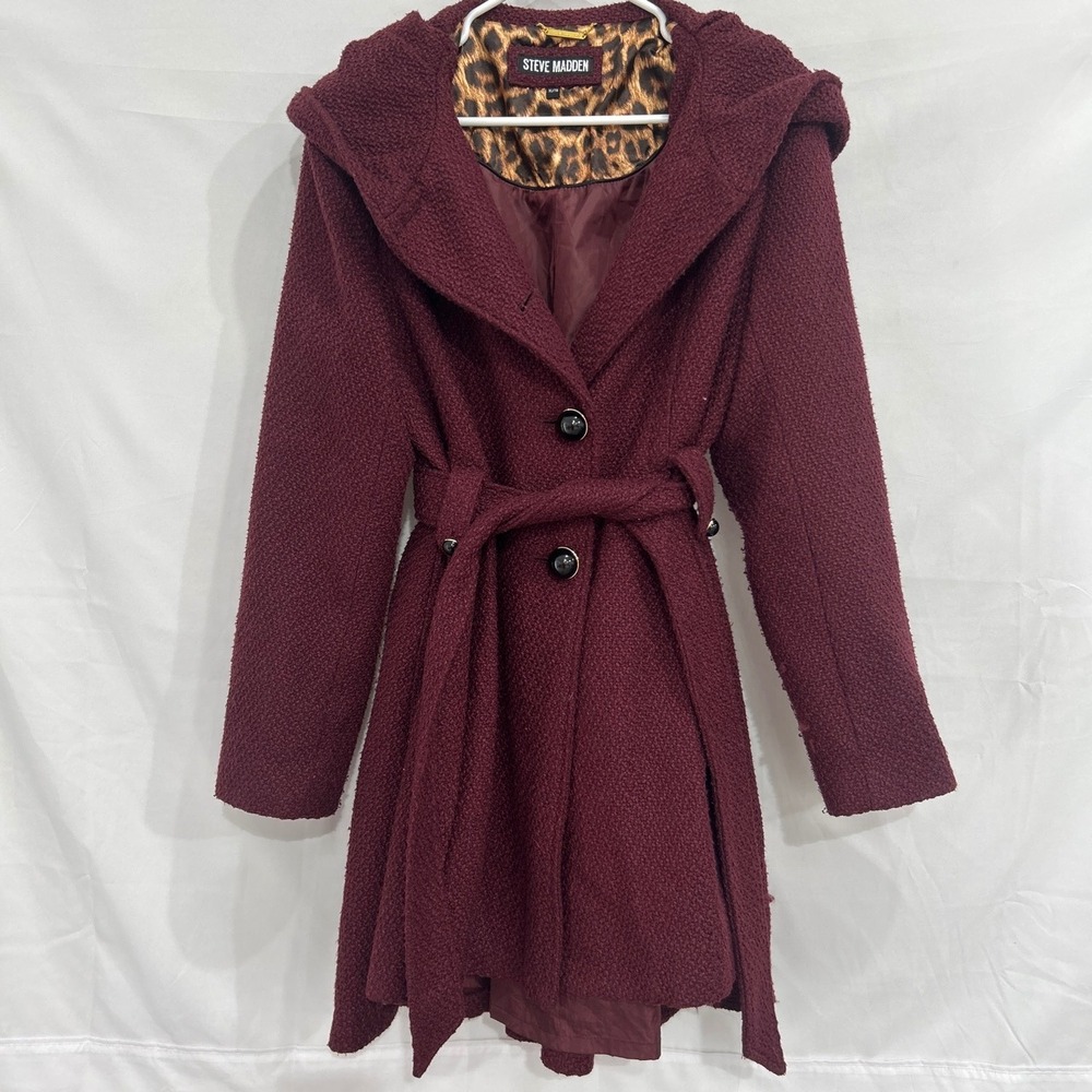 Steve Madden Burgundy Hooded Boucle Wool Blend Belted Coat XL Leopard Lining